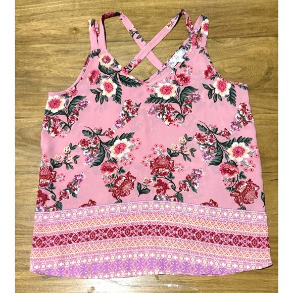 Pink Rose Vintage Blouse Top Tank CrissCross Back Romantic Spring Y2K Sz Large - Picture 5 of 7